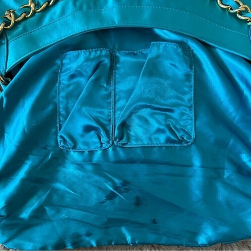 Vintage Bebe Y2K Turquoise Satin Logo Hobo Bag Teal Gold Chain - Picture 11 of 14